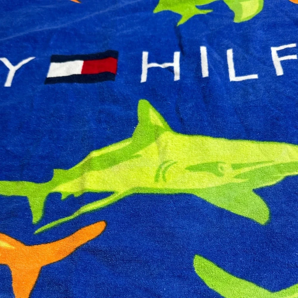 Tommy Hilfiger Blue Towel with Colorful Orange & Green Sharks 34”x 66”